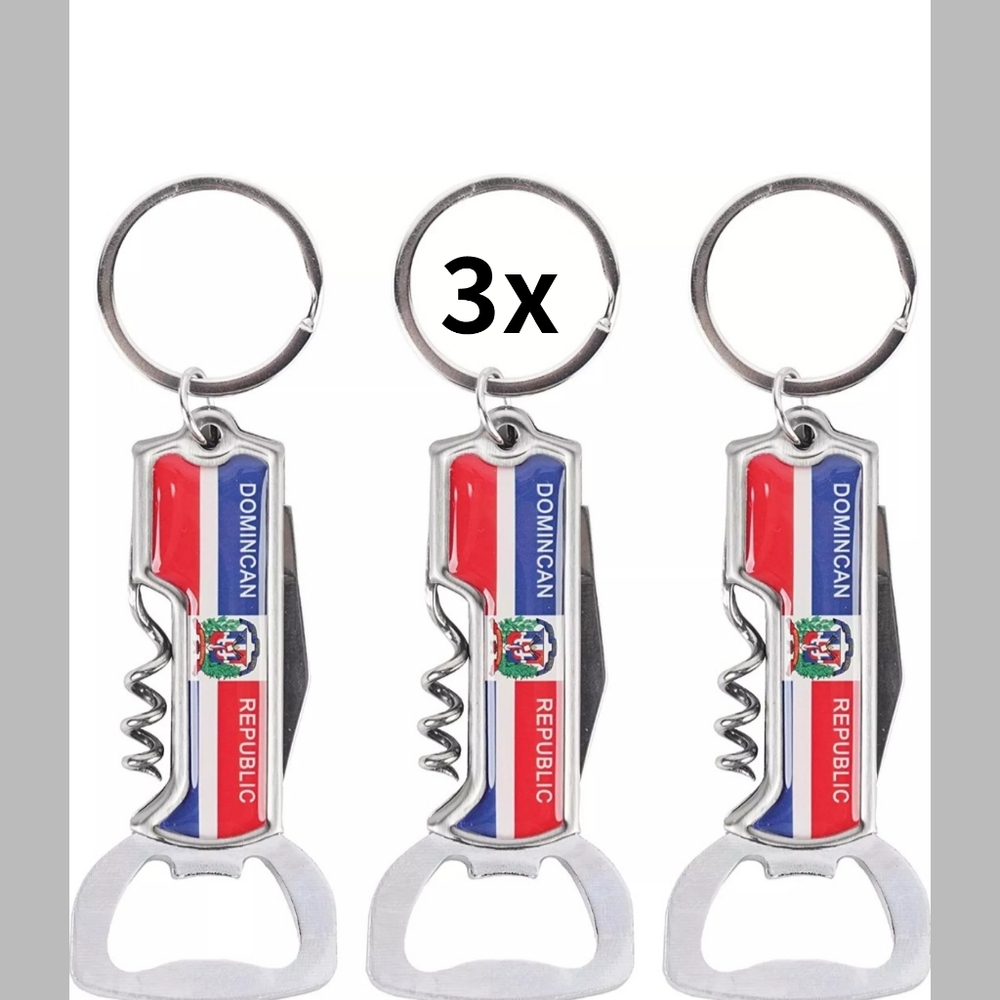 3x Multifunctional Bottle Opener Keychain Corkscrew Keyring Dominican Republic